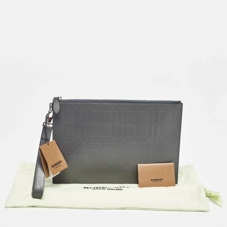Pre Owned Burberry Grey Check Embossed Leather Edin Zip Pouch