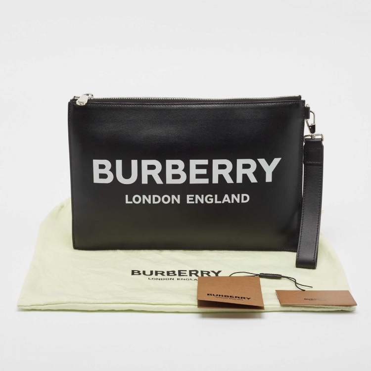 Pre Owned Burberry Black Leather Logo Edin Wristlet Clutch
