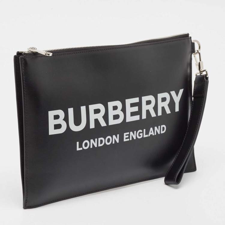 Pre Owned Burberry Black Leather Logo Edin Wristlet Clutch