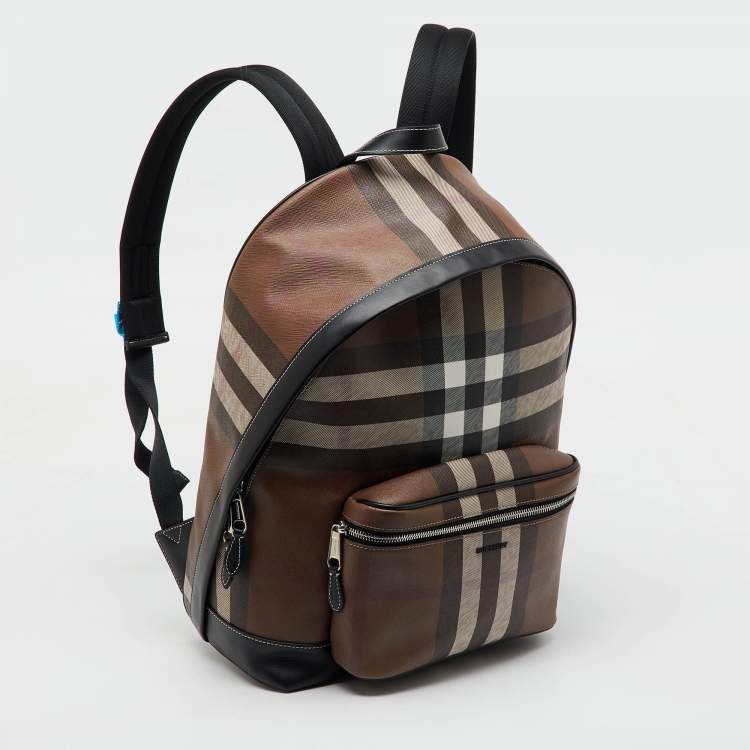 Pre Owned Burberry Dark Birch Brown Check Coated Canvas and Leather Backpack
