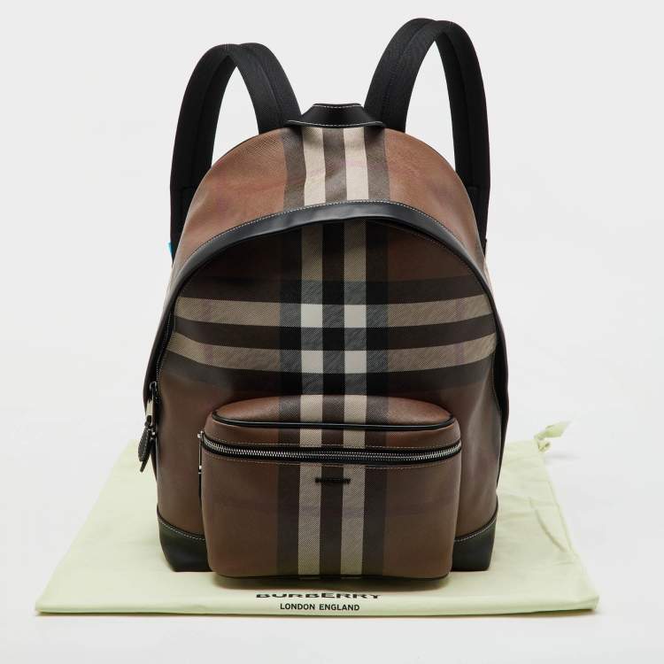Pre Owned Burberry Dark Birch Brown Check Coated Canvas and Leather Backpack