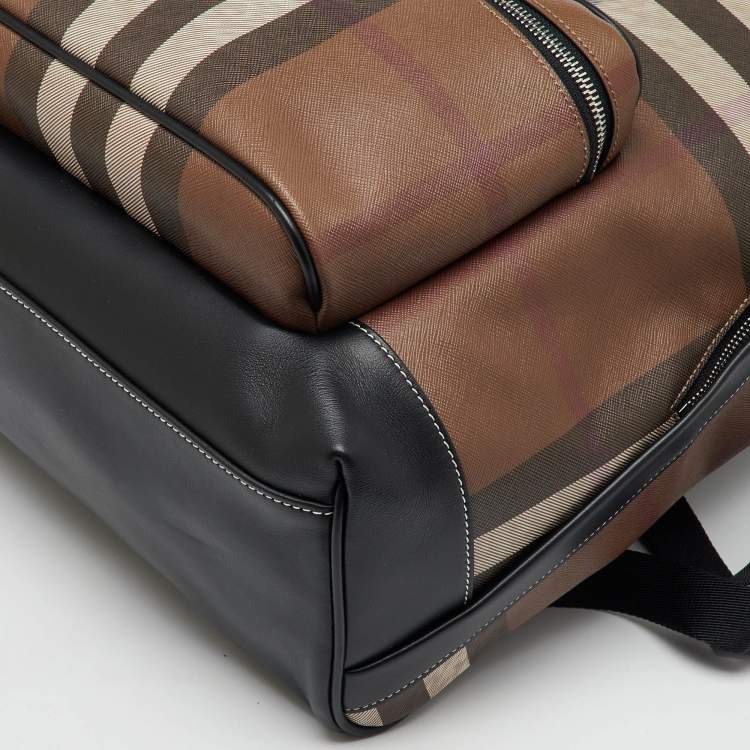 Pre Owned Burberry Dark Birch Brown Check Coated Canvas and Leather Backpack