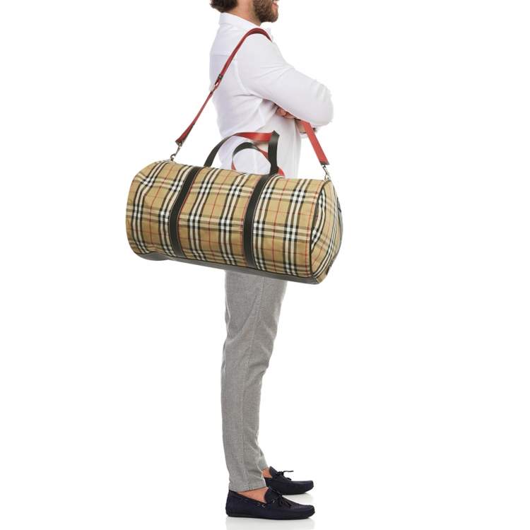 Pre Owned Burberry Kennedy Large Military Red Vintage Check Fabric Duffel Bag