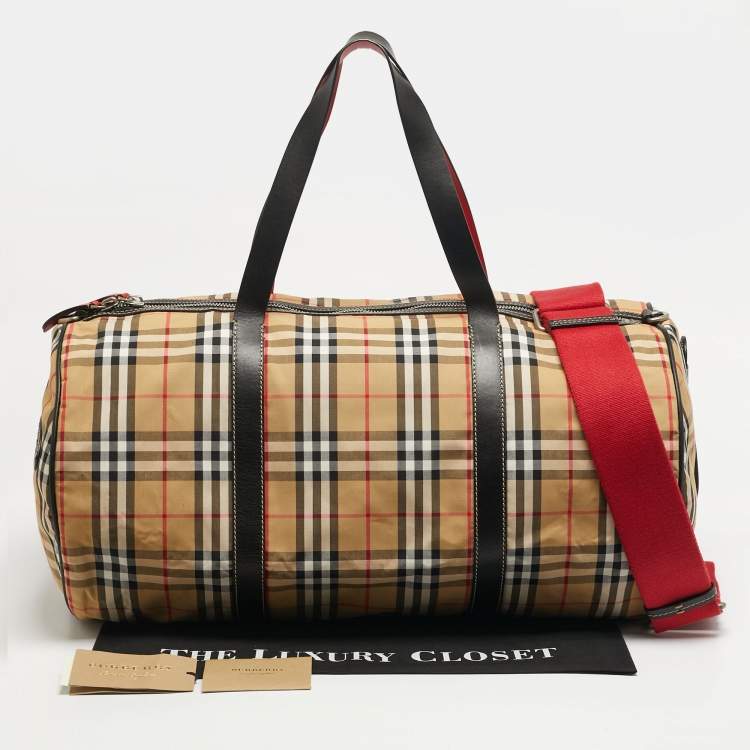 Pre Owned Burberry Kennedy Large Military Red Vintage Check Fabric Duffel Bag