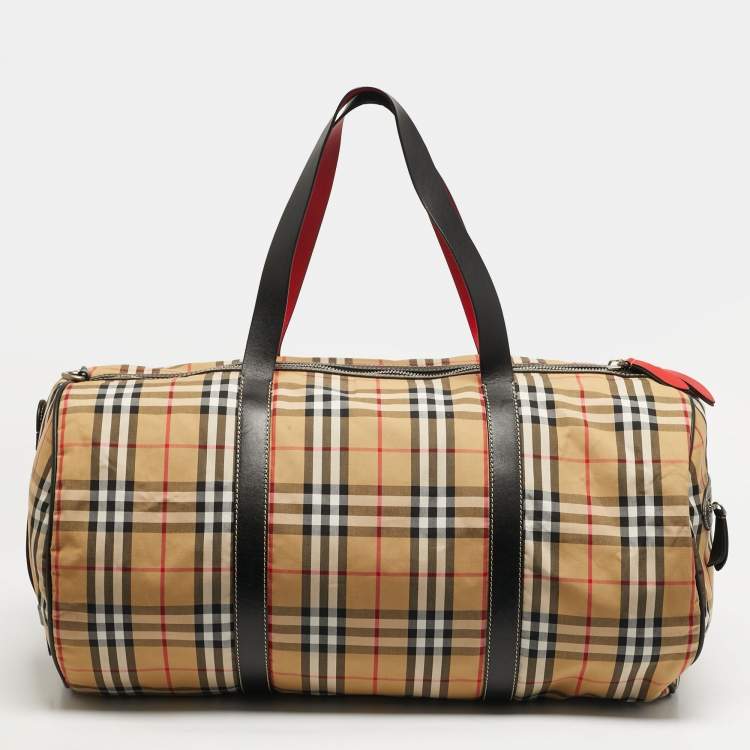 Pre Owned Burberry Kennedy Large Military Red Vintage Check Fabric Duffel Bag