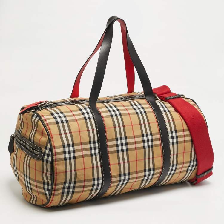 Pre Owned Burberry Kennedy Large Military Red Vintage Check Fabric Duffel Bag