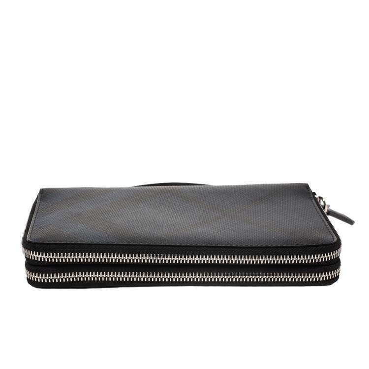 Pre Owned Burberry Navy Blue Coated Canvas Reeves Double Zip Wallet