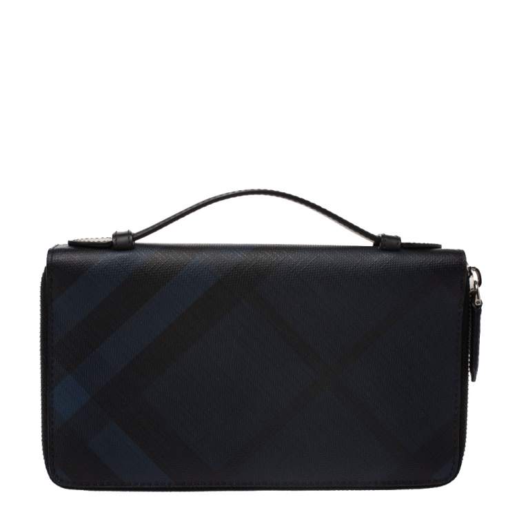 Pre Owned Burberry Navy Blue Coated Canvas Reeves Double Zip Wallet