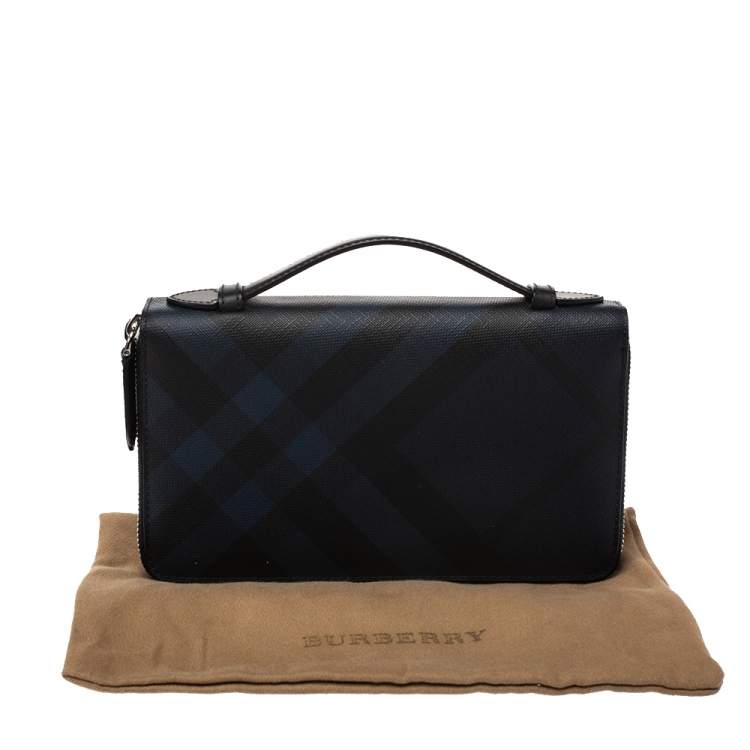 Pre Owned Burberry Navy Blue Coated Canvas Reeves Double Zip Wallet