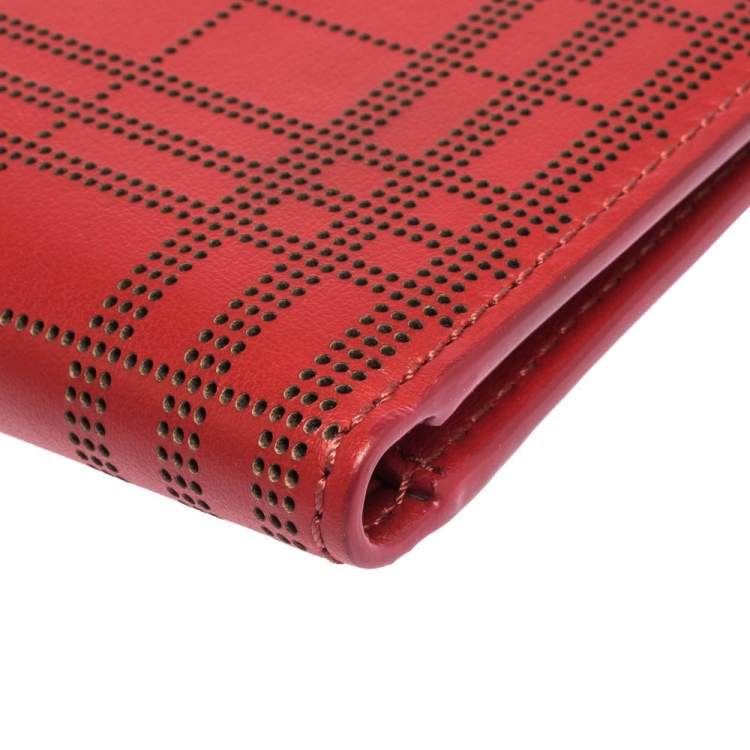 Pre Owned Burberry Red Perforated Leather Bill Bifold Wallet
