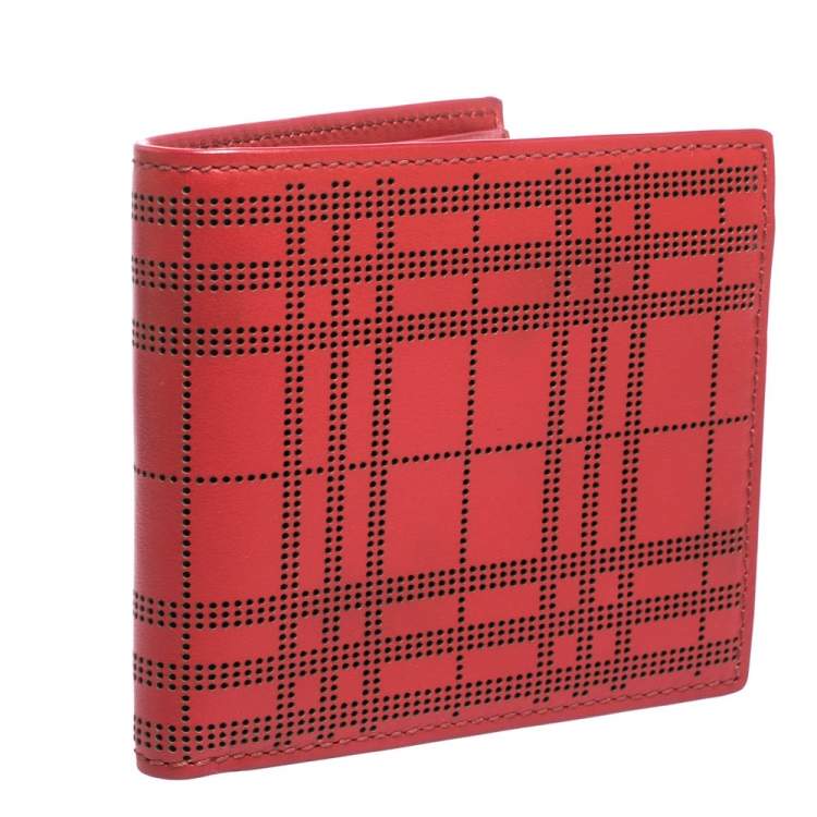 Pre Owned Burberry Red Perforated Leather Bill Bifold Wallet
