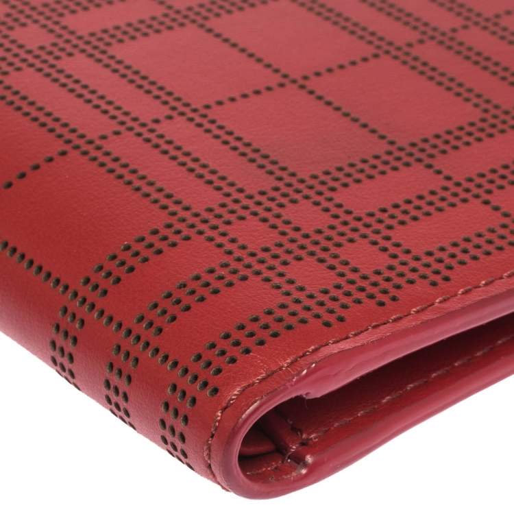Pre Owned Burberry Red Perforated Leather Bill Bifold Wallet