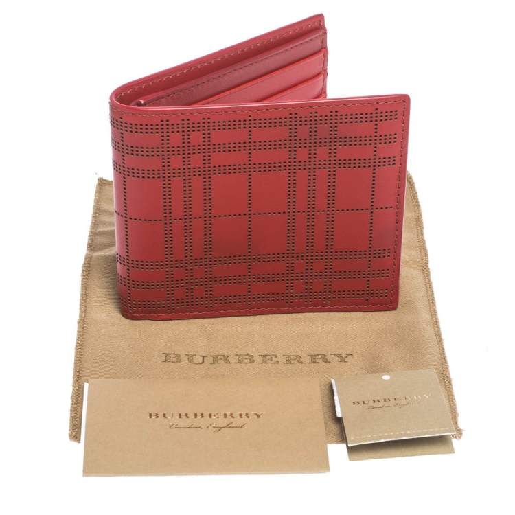 Pre Owned Burberry Red Perforated Leather Bill Bifold Wallet
