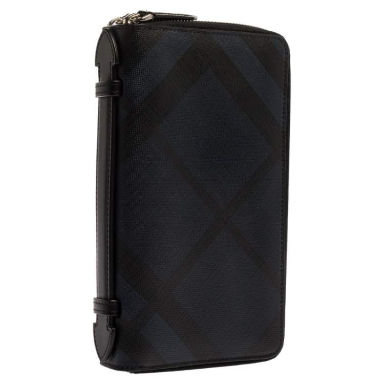 Pre Owned Burberry Navy Blue Coated Canvas Reeves Double Zip Wallet