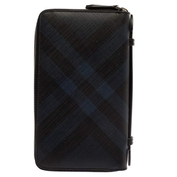 Pre Owned Burberry Navy Blue Coated Canvas Reeves Double Zip Wallet