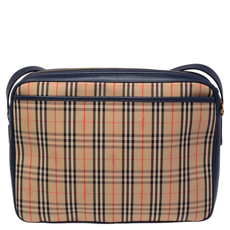 Pre Owned Burberry Blue/Beige 1983 Knight Check Canvas and Leather Camera Bag