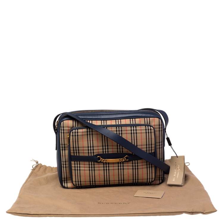 Pre Owned Burberry Blue/Beige 1983 Knight Check Canvas and Leather Camera Bag