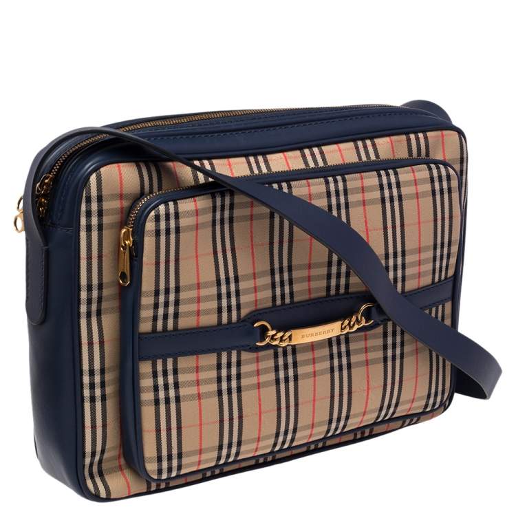 Pre Owned Burberry Blue/Beige 1983 Knight Check Canvas and Leather Camera Bag