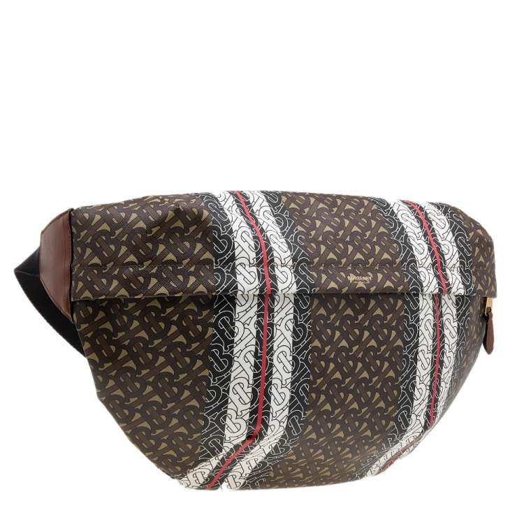 Pre Owned Burberry Brown/White TB Monogram Stripe Coated Canvas Extra Large Belt Bag