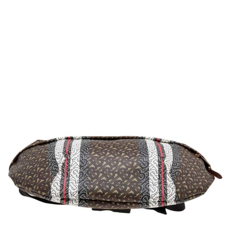Pre Owned Burberry Brown/White TB Monogram Stripe Coated Canvas Extra Large Belt Bag