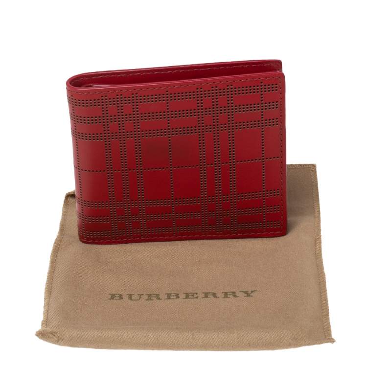 Pre Owned Burberry Red Perforated Leather Bill Bifold Wallet