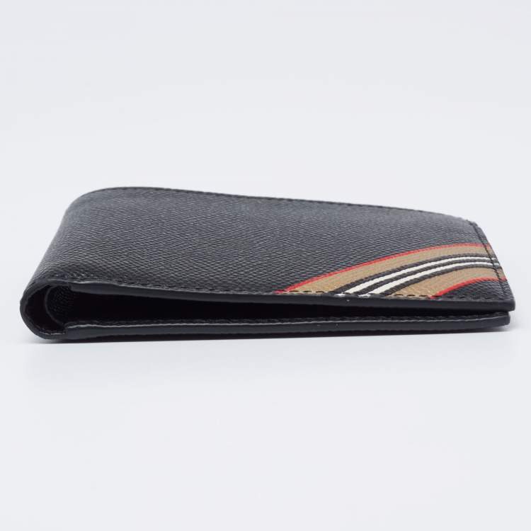 Pre Owned Burberry Black Icon Stripe Leather Bifold Wallet