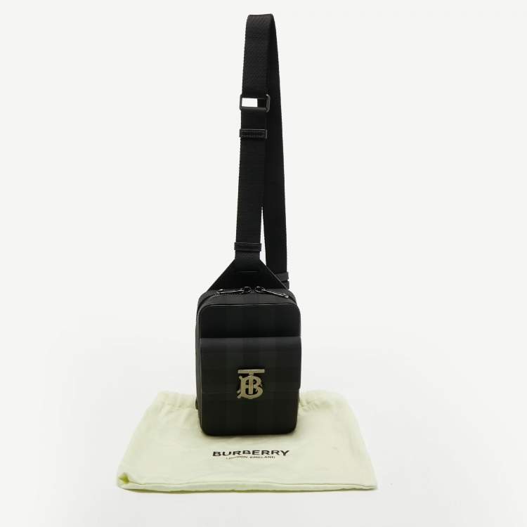 Pre Owned Burberry Black Motif Charcoal Monogram Check Coated Canvas and Leather Theo Crossbody Bag 