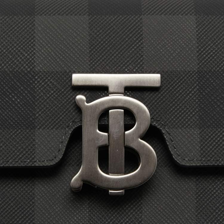 Pre Owned Burberry Black Motif Charcoal Monogram Check Coated Canvas and Leather Theo Crossbody Bag 