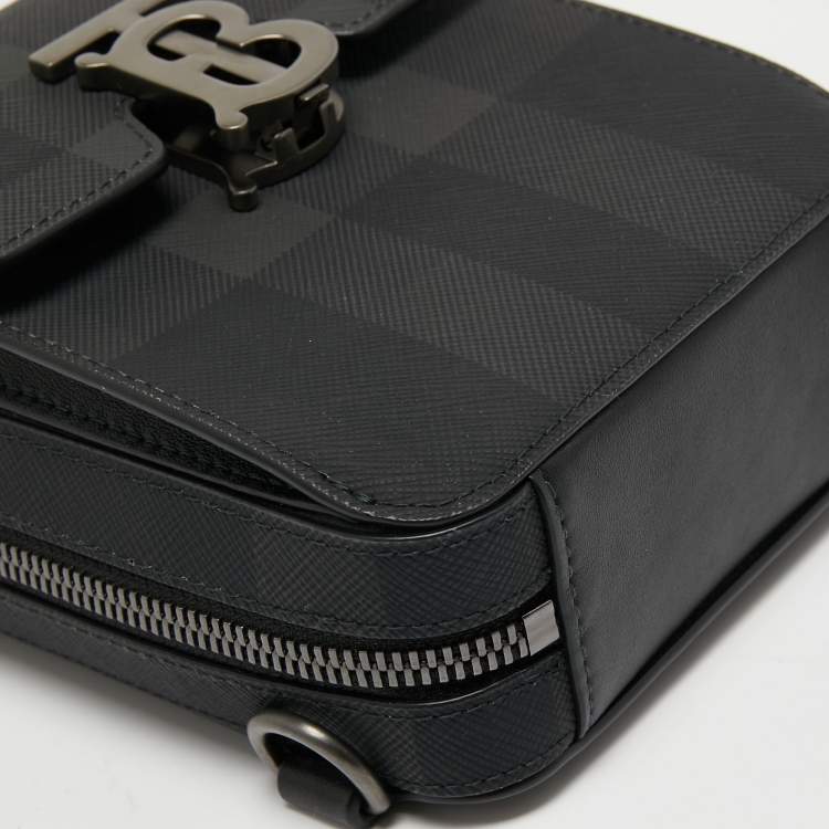 Pre Owned Burberry Black Motif Charcoal Monogram Check Coated Canvas and Leather Theo Crossbody Bag 