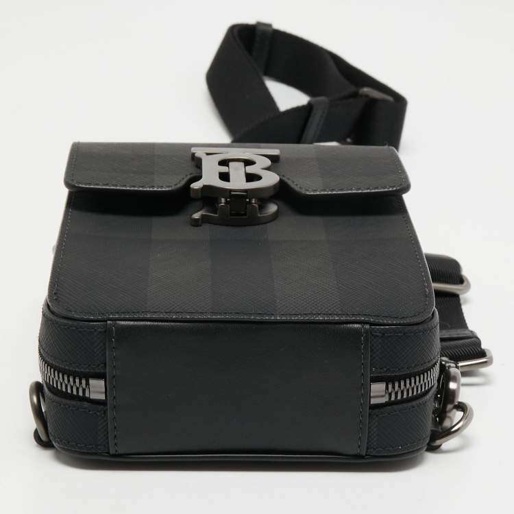 Pre Owned Burberry Black Motif Charcoal Monogram Check Coated Canvas and Leather Theo Crossbody Bag 
