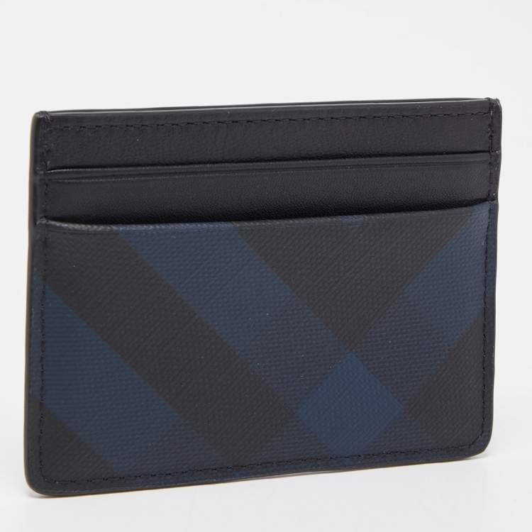 Pre Owned Burberry Navy Blue/Black London Check Canvas And Leather Sandon Card Holder