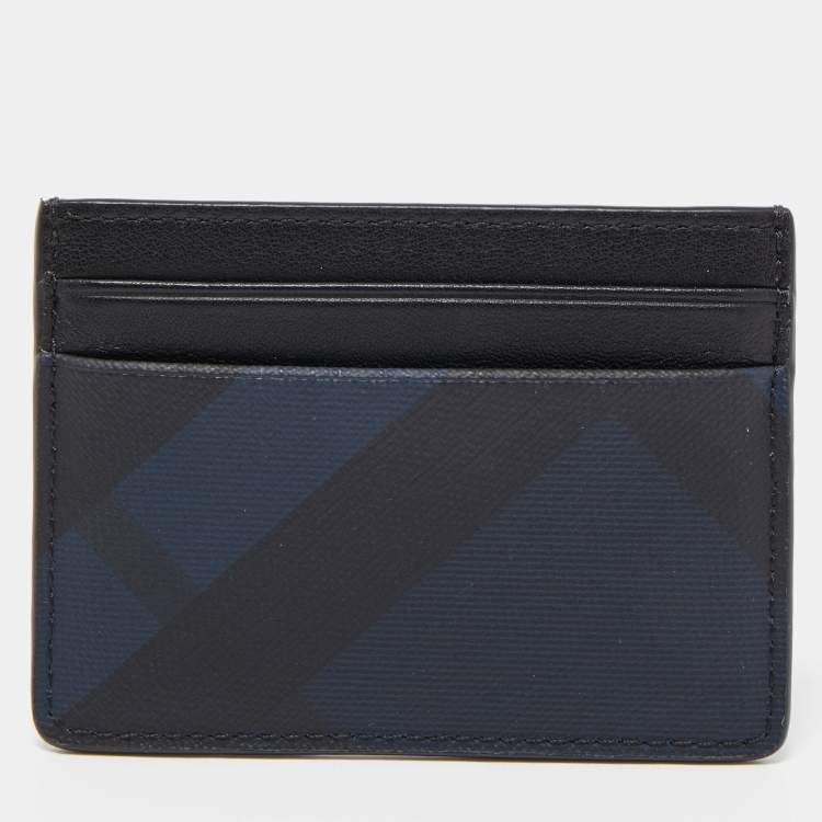 Pre Owned Burberry Navy Blue/Black London Check Canvas And Leather Sandon Card Holder
