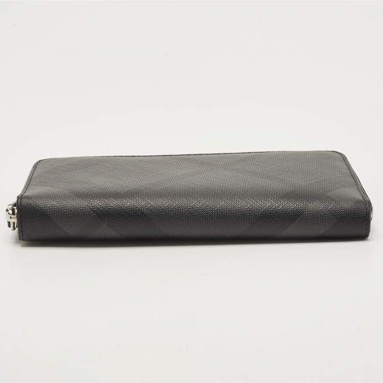 Pre Owned Burberry Charcoal London Check Coated Canvas Zip Around Continental Wallet