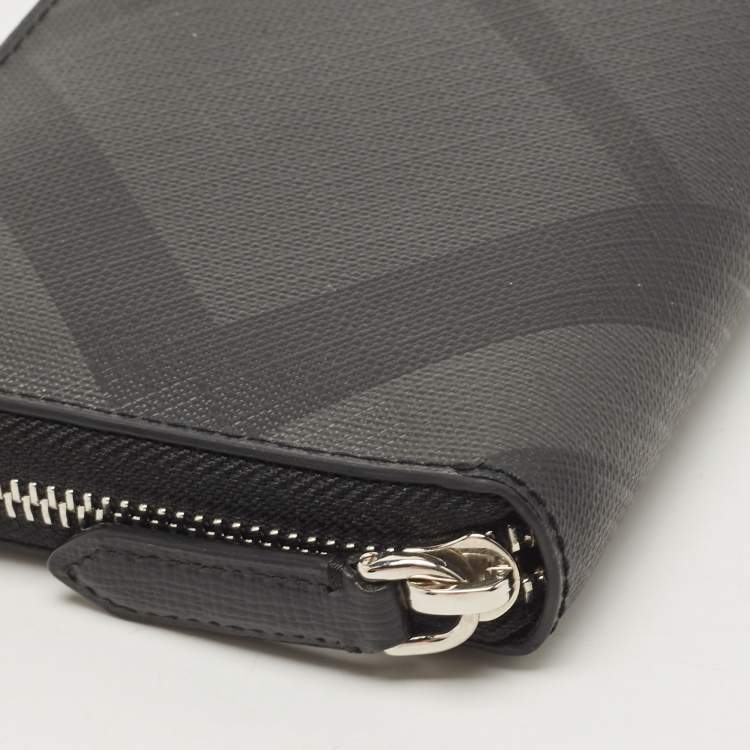 Pre Owned Burberry Charcoal London Check Coated Canvas Zip Around Continental Wallet