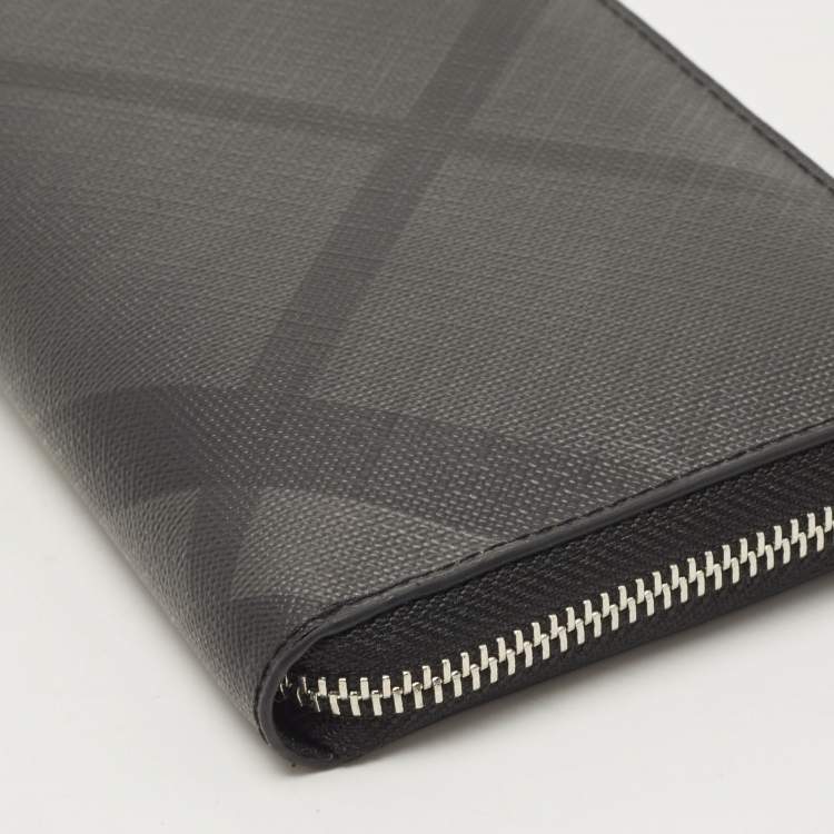 Pre Owned Burberry Charcoal London Check Coated Canvas Zip Around Continental Wallet