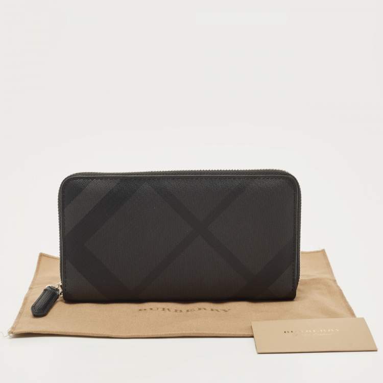 Pre Owned Burberry Charcoal London Check Coated Canvas Zip Around Continental Wallet