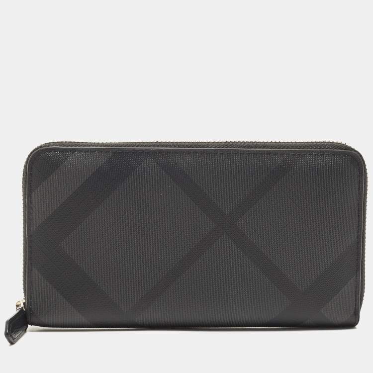 Pre Owned Burberry Charcoal London Check Coated Canvas Zip Around Continental Wallet