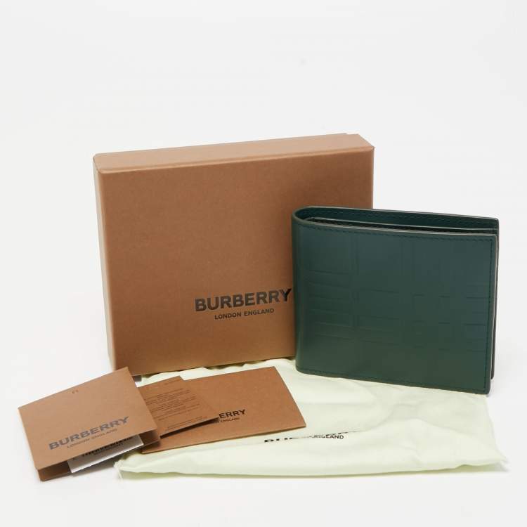 Pre Owned Burberry Green Check Embossed Leather CC Bills Bifold Wallet