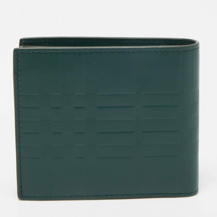Pre Owned Burberry Green Check Embossed Leather CC Bills Bifold Wallet
