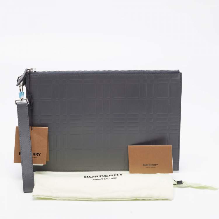 Pre Owned Burberry Grey Leather Wristlet Zip Pouch