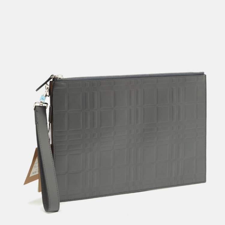 Pre Owned Burberry Grey Leather Wristlet Zip Pouch