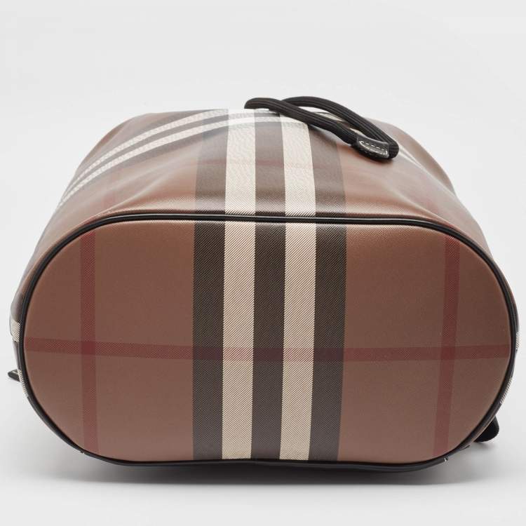 Pre Owned Burberry Dark Birch Brown Check Coated Canvas and Leather Drawcord Backpack