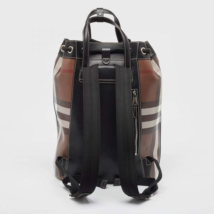 Pre Owned Burberry Dark Birch Brown Check Coated Canvas and Leather Drawcord Backpack