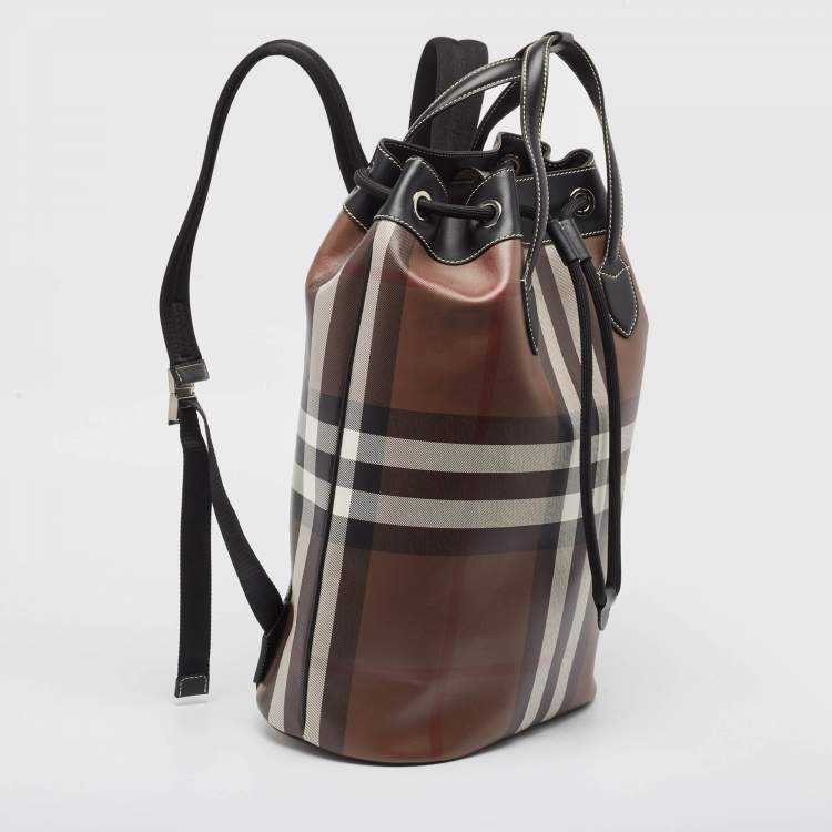 Pre Owned Burberry Dark Birch Brown Check Coated Canvas and Leather Drawcord Backpack