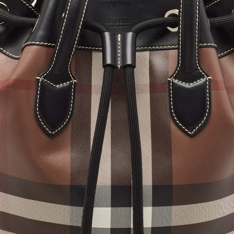 Pre Owned Burberry Dark Birch Brown Check Coated Canvas and Leather Drawcord Backpack