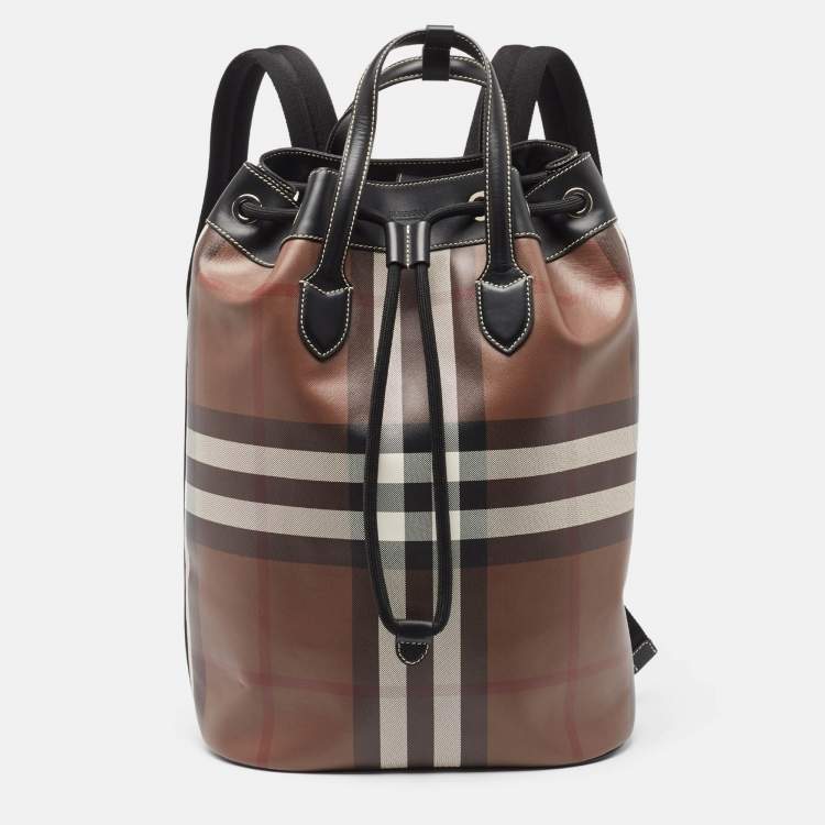 Pre Owned Burberry Dark Birch Brown Check Coated Canvas and Leather Drawcord Backpack