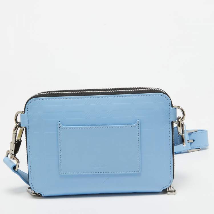 Pre Owned Burberry Blue Jake Check Embossed Leather Crossbody Bag