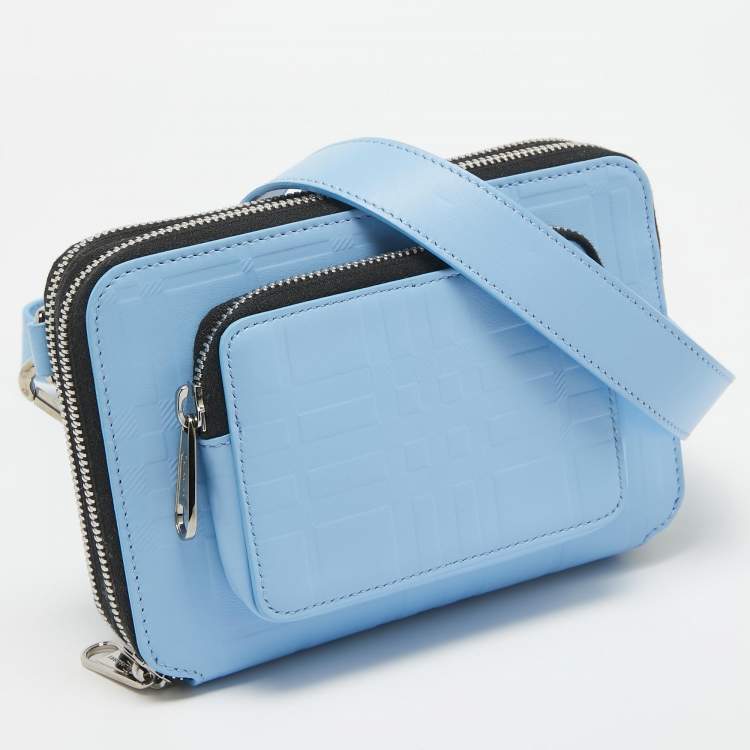 Pre Owned Burberry Blue Jake Check Embossed Leather Crossbody Bag