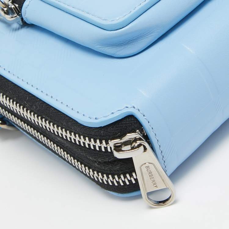 Pre Owned Burberry Blue Jake Check Embossed Leather Crossbody Bag