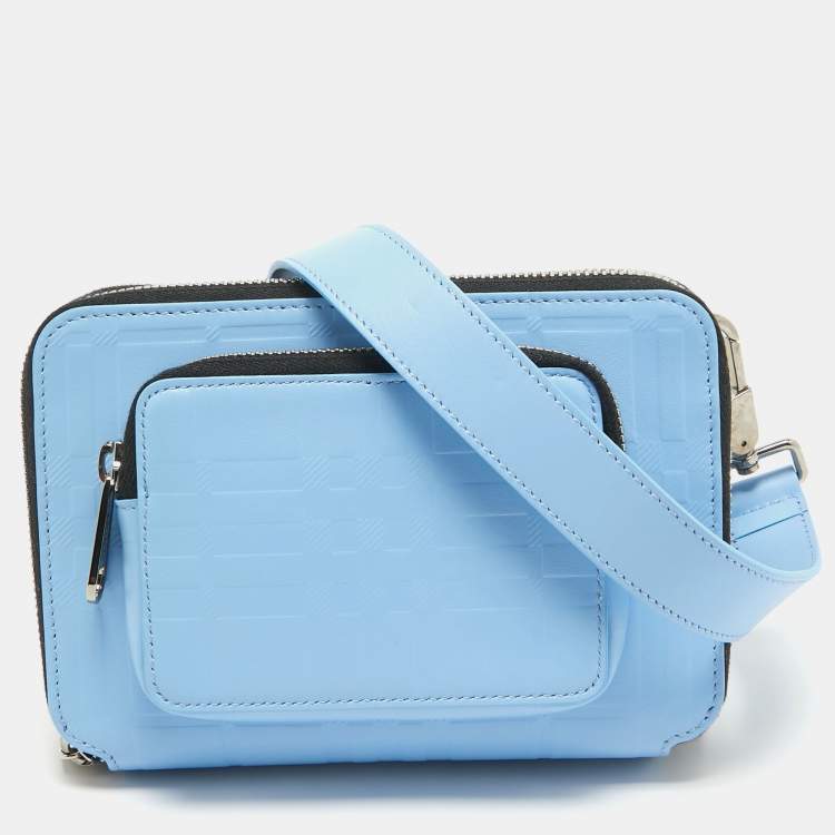 Pre Owned Burberry Blue Jake Check Embossed Leather Crossbody Bag